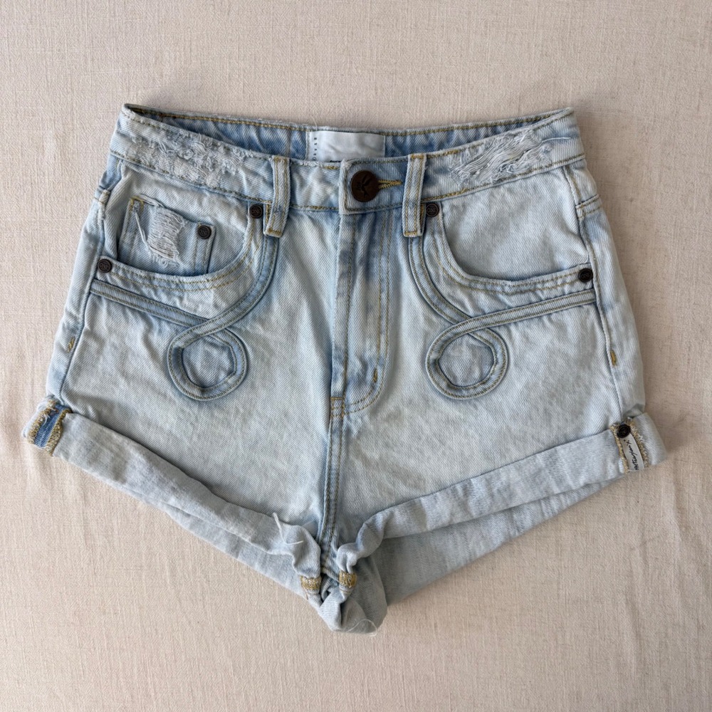 One Teaspoon Denim Shorts Womens 26 Light Blue High Rise Cuffed Distressed Boho